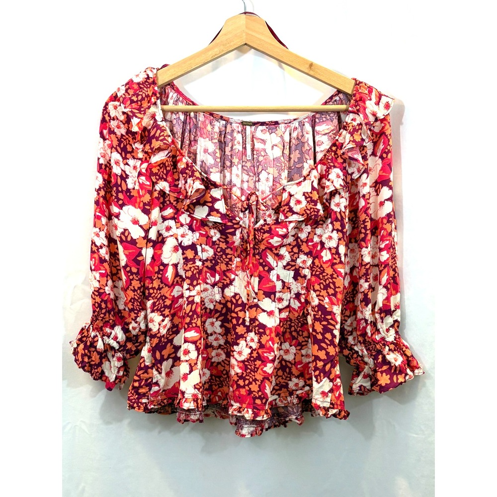 Free People Sweet Memories Pink Multi Floral Print‎ Ruffled Puff Sleeve Top XS